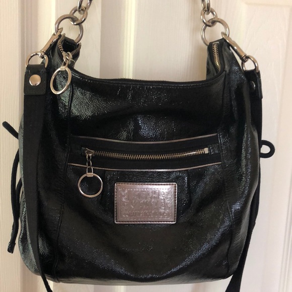 10”x 13 x 4,5” Handbags - RARE-COACH POPPY LEATHER HOBO BAG 15790 SIDE LACES-BLACK/SILVER
